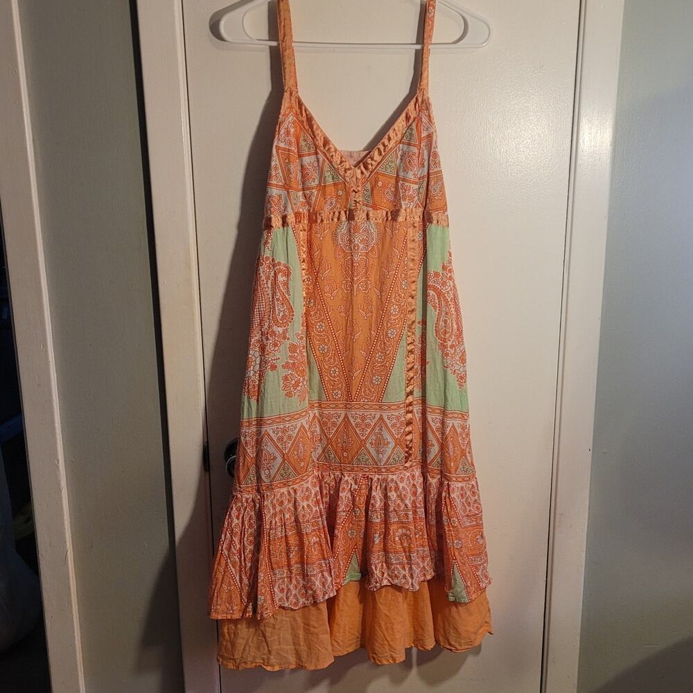 Chaudry Patchwork Midi Dress Small Boho Festival Flowy Ruffle Hem Orange - Picture 9 of 13